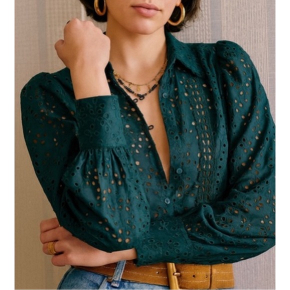 SEZANE Turquoise Blue Embroidered Eyelet Lace Button Down Cara Shirt Blouse Top - Picture 17 of 17